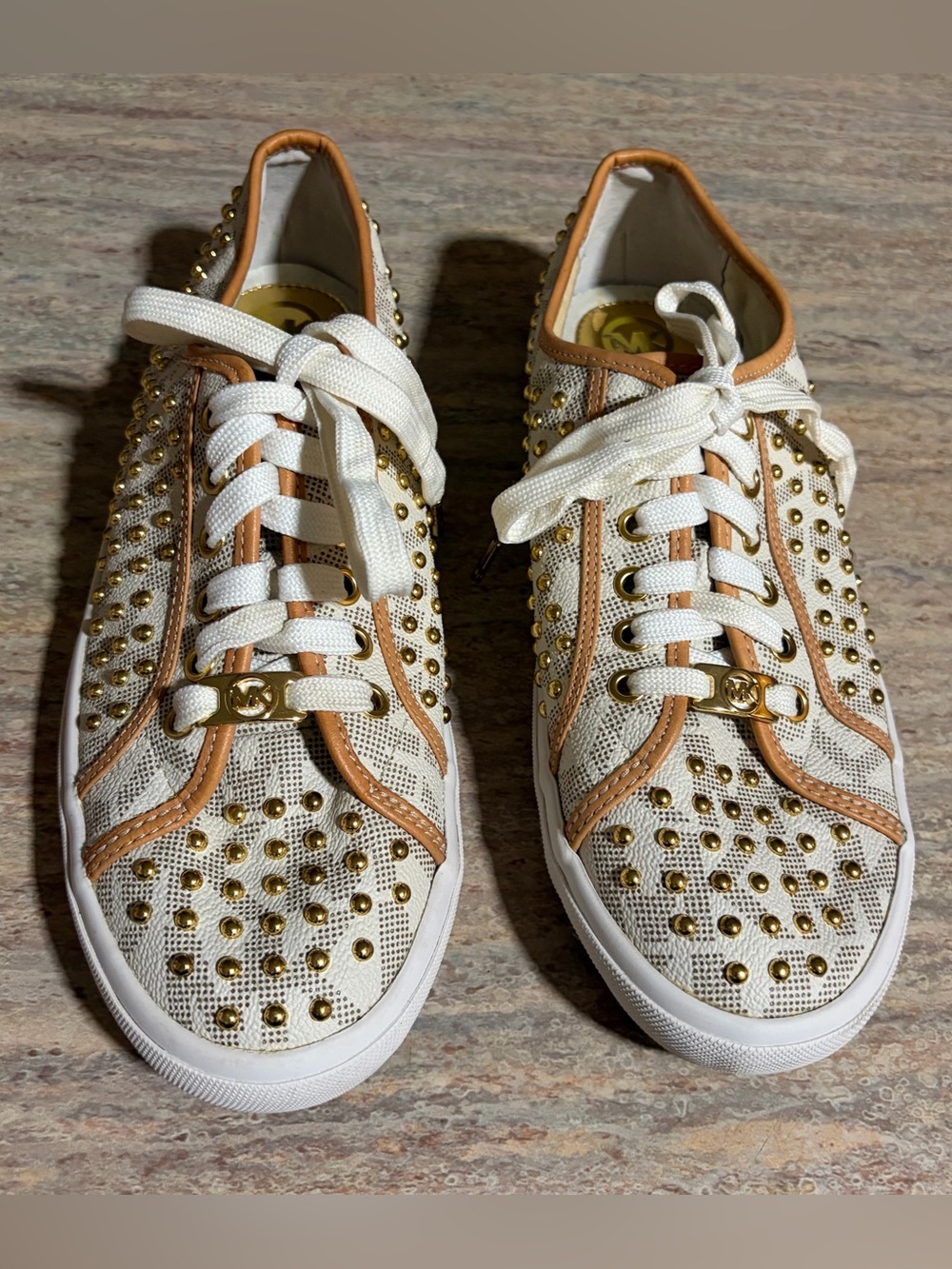 Michael Kors White and Tan Gold Studded Lace-Up Sneakers